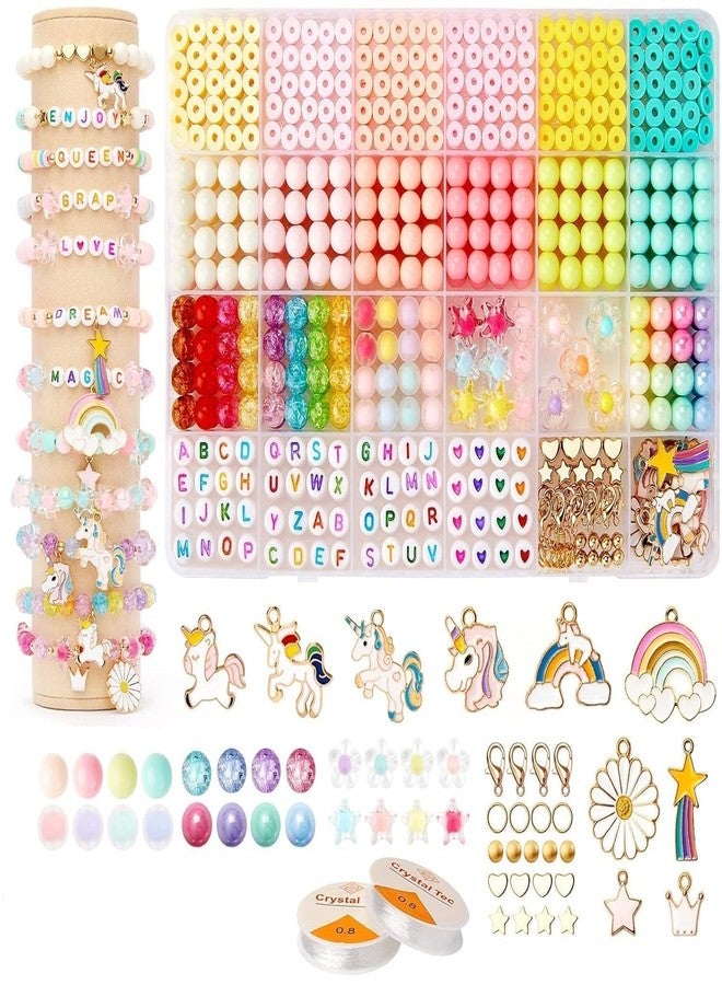 LeafLoom Clay Beads for Bracelet Making Kit Kids Girls Macaron Color Pastel Pearl Round Beads Letter Beads with Unicorn Pendants, Clay Beads for Kids, Crystal Star Flower Hair Beads for Bracelet Making DIY Crafts - Image 1